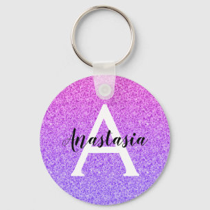 Girly Glam Ombre Purple Glitter Sparkles Monogram Key Ring
