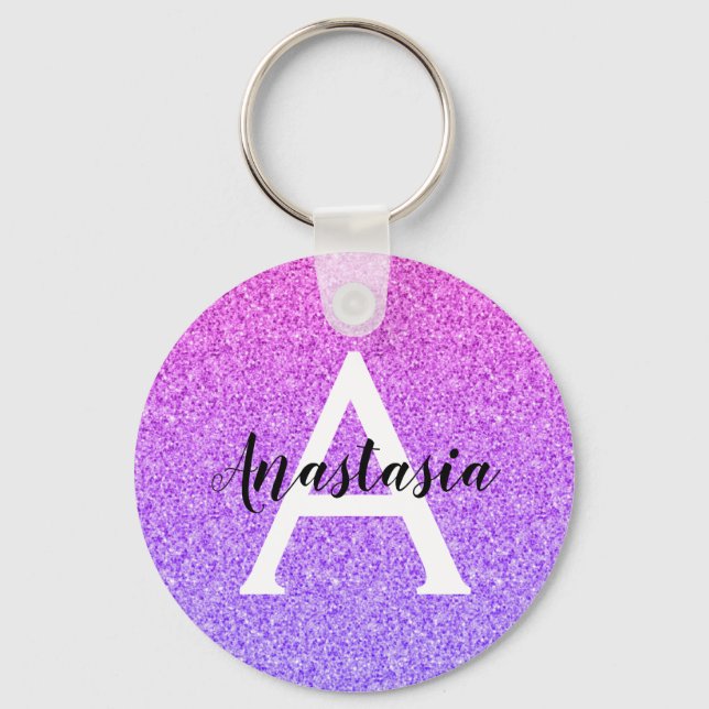 Girly Glam Ombre Purple Glitter Sparkles Monogram Key Ring (Front)
