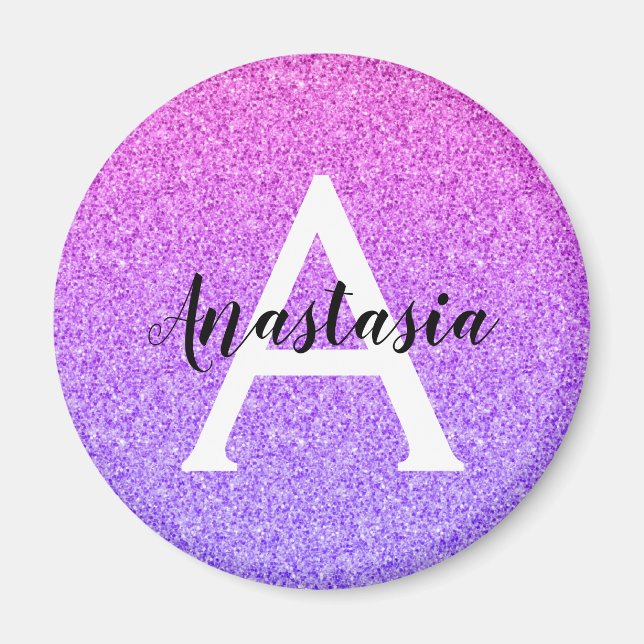 Girly Glam Ombre Purple Glitter Sparkles Monogram Magnet (Front)