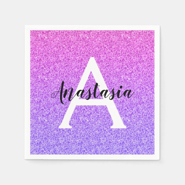 Girly Glam Ombre Purple Glitter Sparkles Monogram Napkin (Front)