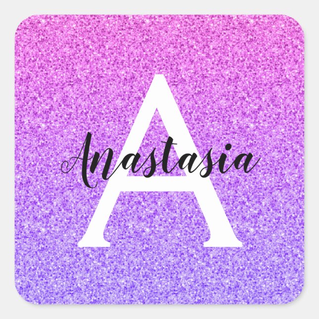 Girly Glam Ombre Purple Glitter Sparkles Monogram Square Sticker (Front)