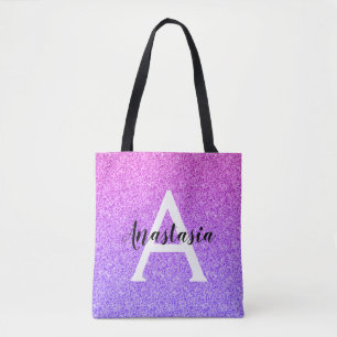 Girly Glam Ombre Purple Glitter Sparkles Monogram Tote Bag