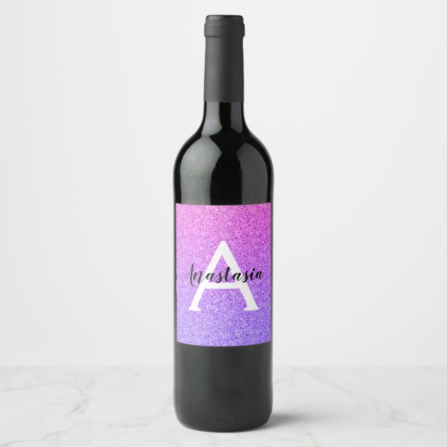 Girly Glam Ombre Purple Glitter Sparkles Monogram Wine Label (Front)
