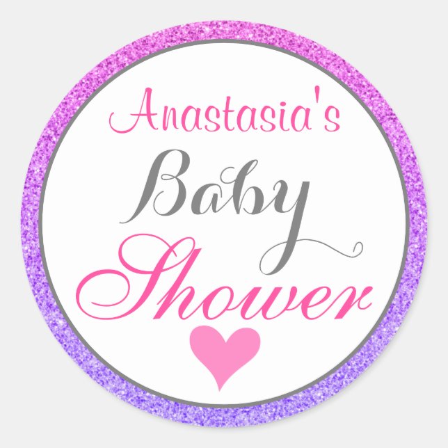 Girly & Glam Ombre Purple Pink Glitter Baby Shower Classic Round Sticker (Front)