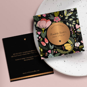 Girly glam pastel pink floral beauty salon black square business card