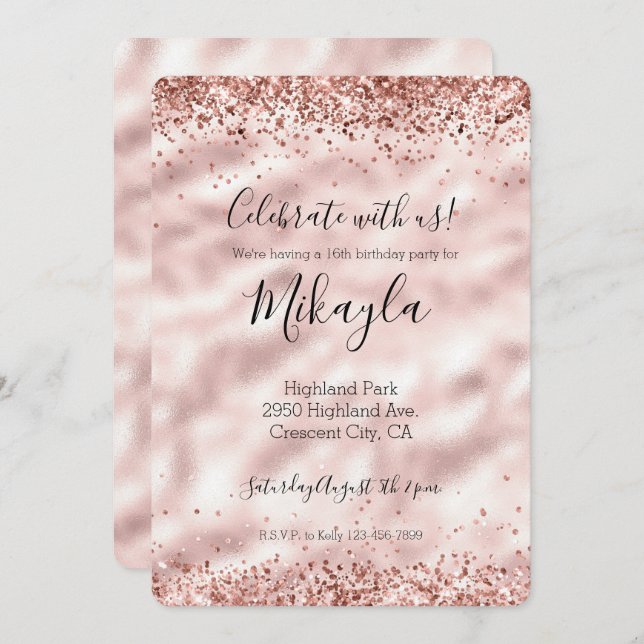 Girly Glam Pink Glitter Sparkle Confetti Invitation (Front/Back)