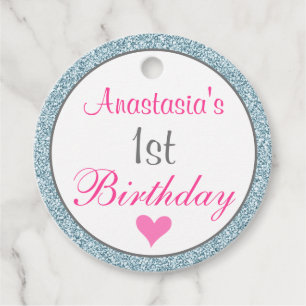 Girly Glam Pink & Light Blue Glitter 1st Birthday Favour Tags