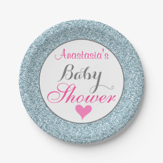 Girly Glam Pink Light Sky Blue Glitter Baby Shower Paper Plate