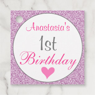 Girly Glam Pink Lilac Purple Glitter 1st Birthday Favour Tags
