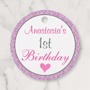 Girly Glam Pink Lilac Purple Glitter 1st Birthday Favour Tags