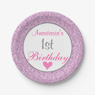 Girly Glam Pink Lilac Purple Glitter 1st Birthday Paper Plate