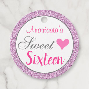 Girly Glam Pink Lilac Purple Glitter Sweet Sixteen Favour Tags