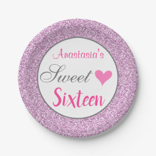 Girly Glam Pink Lilac Purple Glitter Sweet Sixteen Paper Plate
