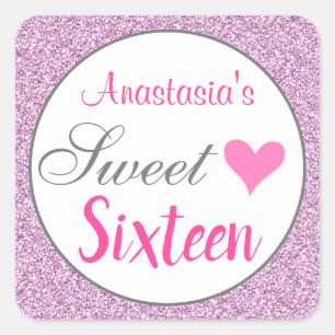 Girly Glam Pink Lilac Purple Glitter Sweet Sixteen Square Sticker