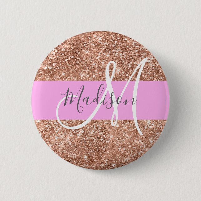 Girly Glam Pink Peach Gold Glitter Monogram Name 6 Cm Round Badge (Front)