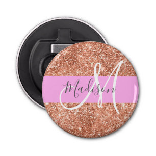 Girly Glam Pink Peach Gold Glitter Monogram Name Bottle Opener