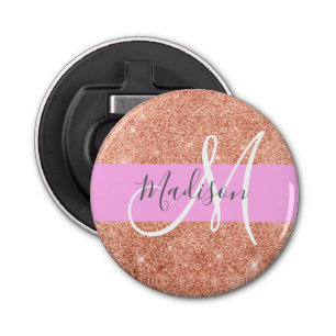 Girly Glam Pink Peach Gold Glitter Monogram Name Bottle Opener