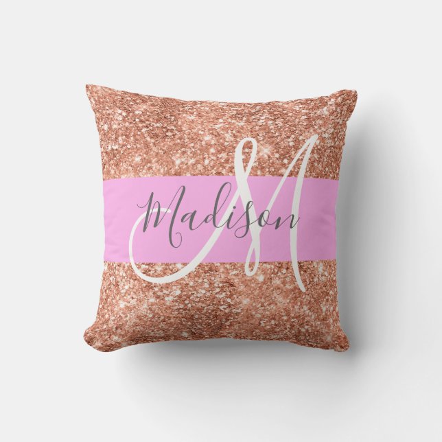 Girly Glam Pink Peach Gold Glitter Monogram Name Cushion (Front)