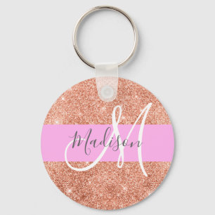 Girly Glam Pink Peach Gold Glitter Monogram Name Key Ring
