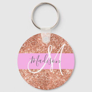 Girly Glam Pink Peach Gold Glitter Monogram Name Key Ring