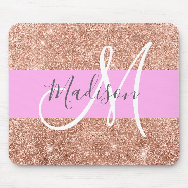 Girly Glam Pink Peach Gold Glitter Monogram Name Mouse Pad (Front)