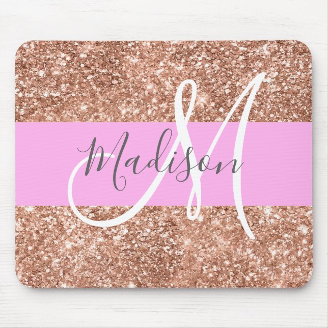 Girly Glam Pink Peach Gold Glitter Monogram Name Mouse Pad (Front)