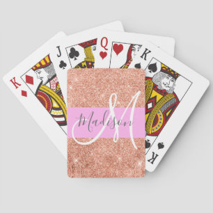 Girly Glam Pink Peach Gold Glitter Monogram Name Playing Cards