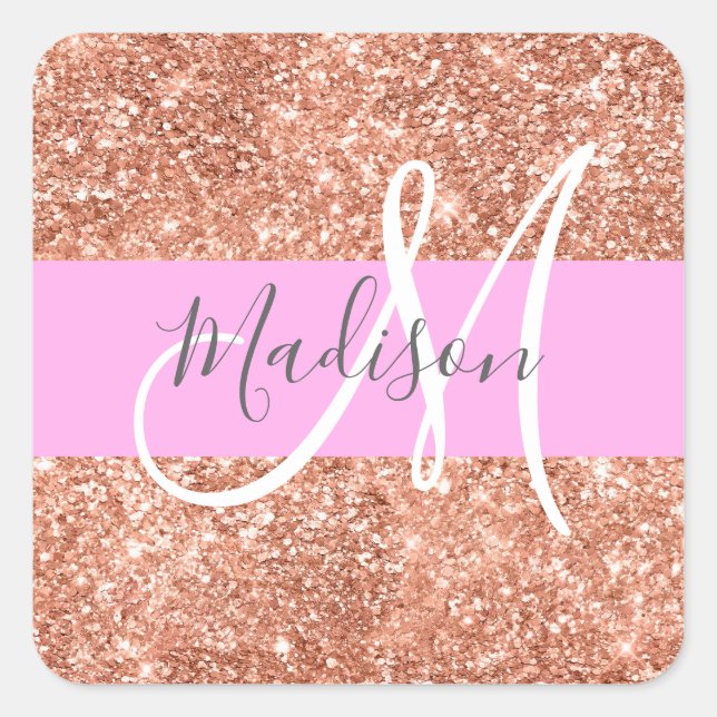 Girly Glam Pink Peach Gold Glitter Monogram Name Square Sticker (Front)