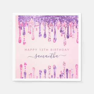 Girly Glam Pink Purple Glitter Drip 13th Birthday Napkin