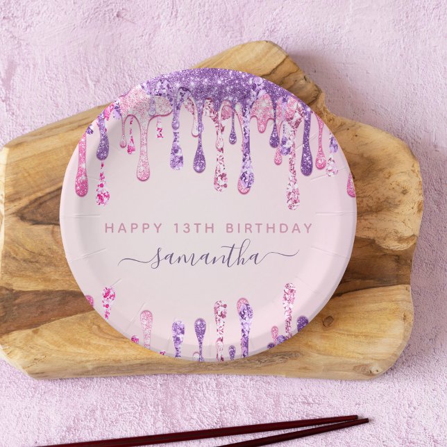 Girly Glam Pink Purple Glitter Drip 13th Birthday Paper Plate (Creator Uploaded)