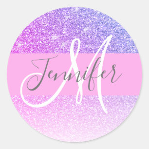 Girly Glam Pink Purple Glitter Monogram Name Classic Round Sticker