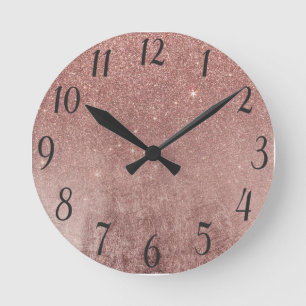 Girly Glam Pink Rose Gold Foil and Glitter Mesh Round Clock