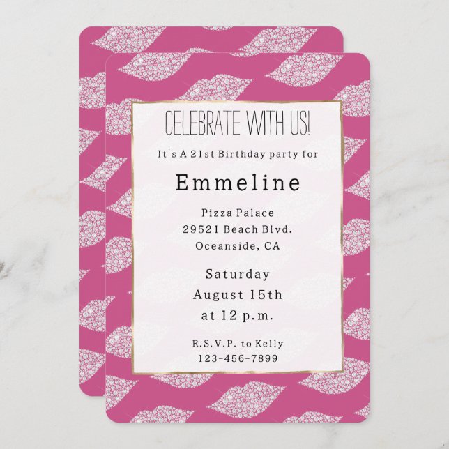 Girly Glam Pink White Diamond Lips Invitation (Front/Back)