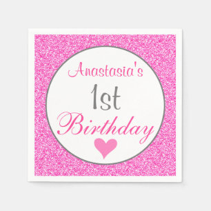 Girly Glam Princess Hot Pink Glitter 1st Birthday Napkin