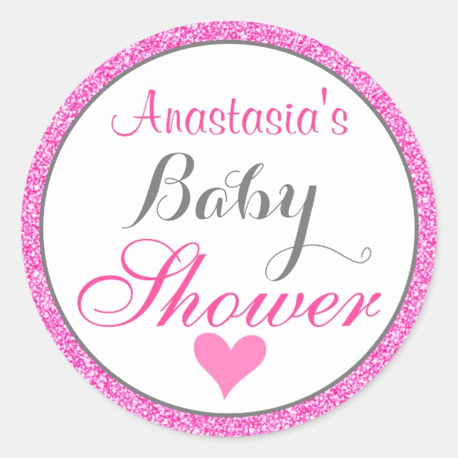 Girly & Glam Princess Hot Pink Glitter Baby Shower Classic Round Sticker (Front)
