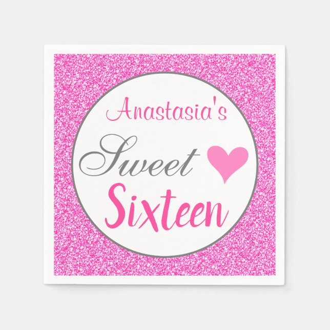 Girly Glam Princess Hot Pink Glitter Sweet Sixteen Napkin (Front)