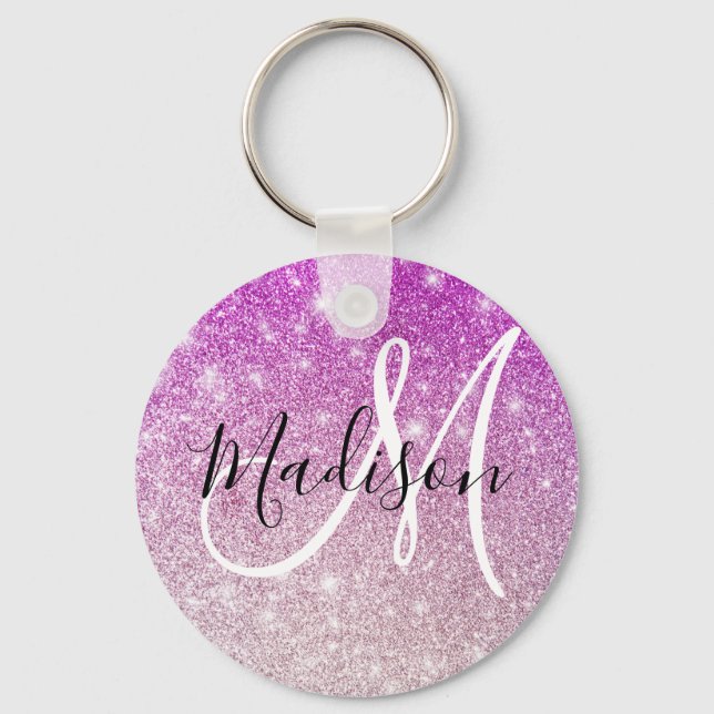 Girly & Glam Purple Glitter Sparkles Monogram Name Key Ring (Front)