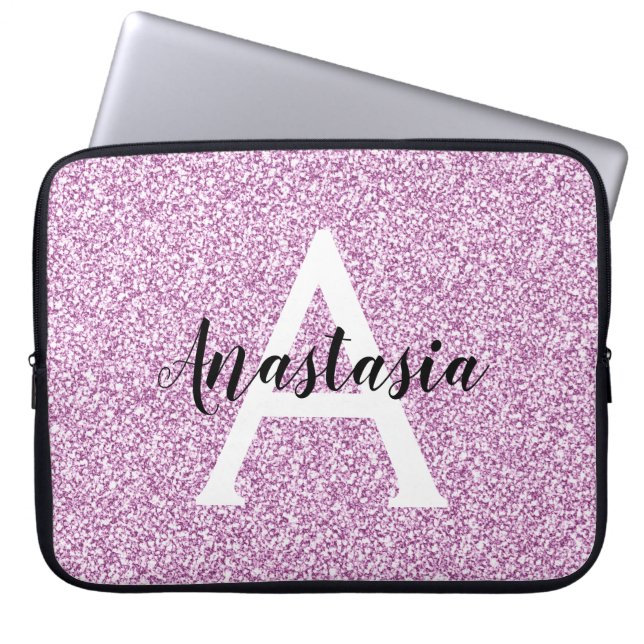 Girly Glam Purple Glitter Sparkles Monogram Name Laptop Sleeve (Front)