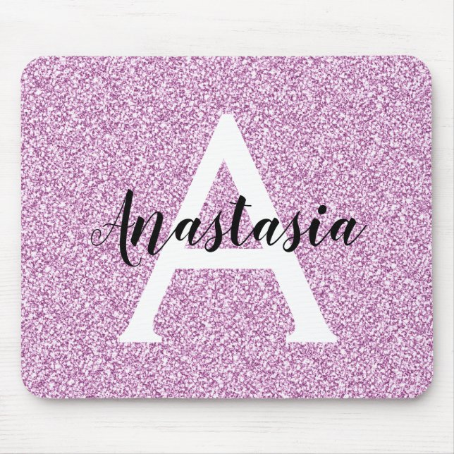 Girly Glam Purple Glitter Sparkles Monogram Name Mouse Pad (Front)