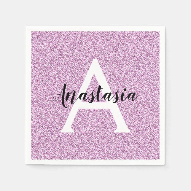 Girly Glam Purple Glitter Sparkles Monogram Name Napkin (Front)