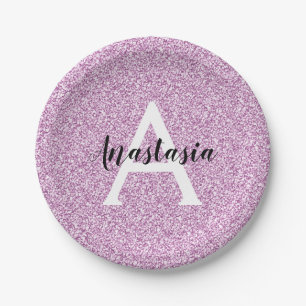 Girly Glam Purple Glitter Sparkles Monogram Name Paper Plate
