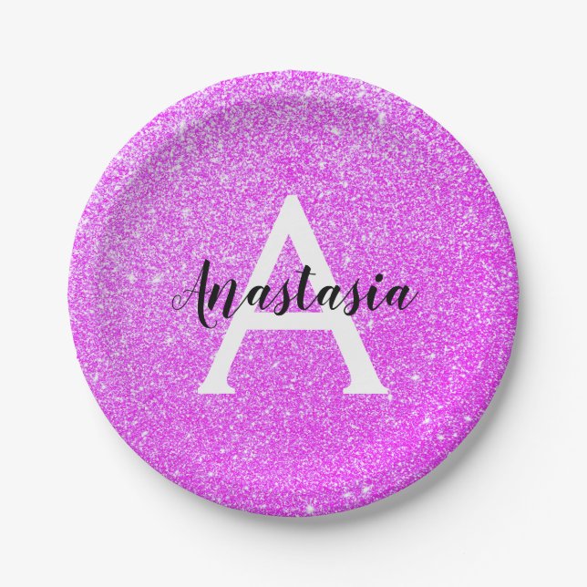 Girly Glam Purple Glitter Sparkles Monogram Name Paper Plate (Front)