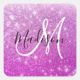 Girly & Glam Purple Glitter Sparkles Monogram Name Square Sticker