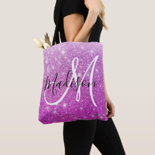 Girly & Glam Purple Glitter Sparkles Monogram Name Tote Bag