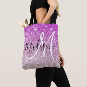 Girly & Glam Purple Glitter Sparkles Monogram Name Tote Bag