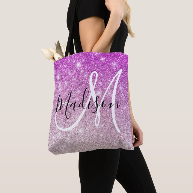 Girly & Glam Purple Glitter Sparkles Monogram Name Tote Bag (Close Up)
