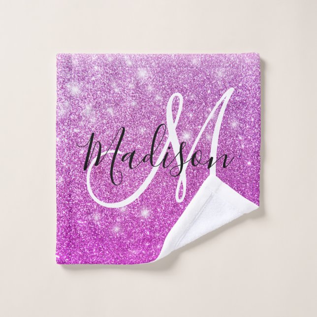 Girly & Glam Purple Glitter Sparkles Monogram Name Wash Cloth (Wash Cloth)