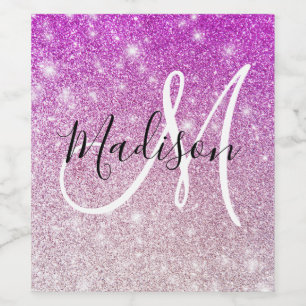 Girly & Glam Purple Glitter Sparkles Monogram Name Wine Label