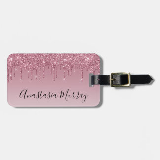 Girly & Glam Purple Rose Gold Glitter Drips Name Luggage Tag