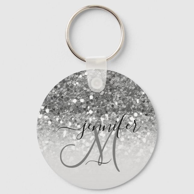 Girly Glam Silver Glitter Luxury Monogram Name Key Ring (Front)